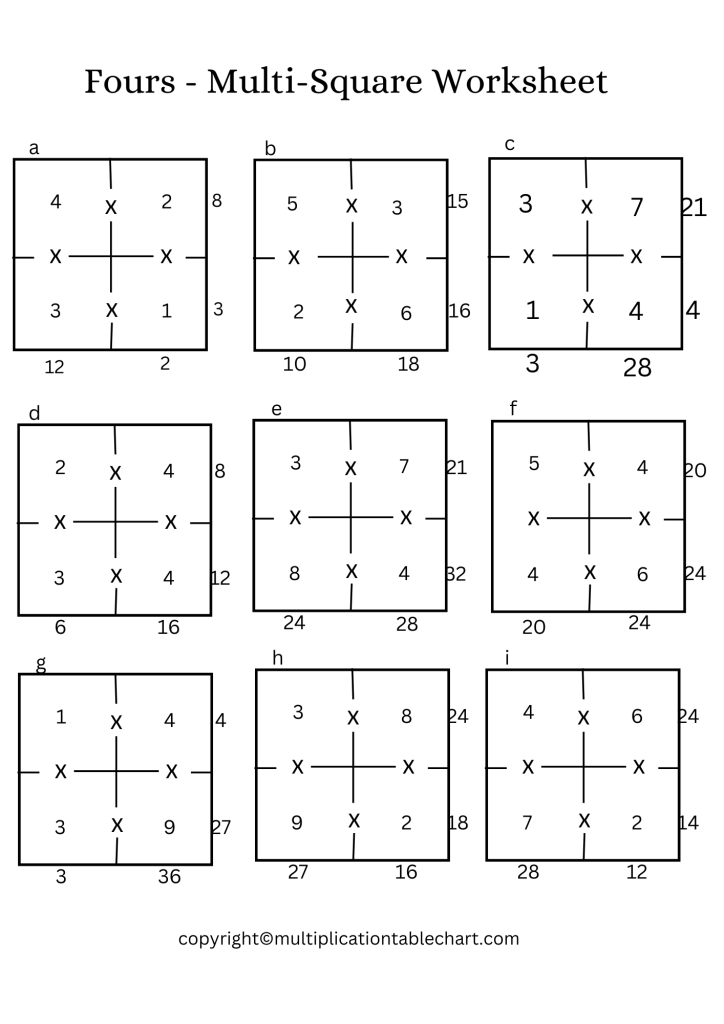 Fours - Multi-Square Worksheet with Answer Key