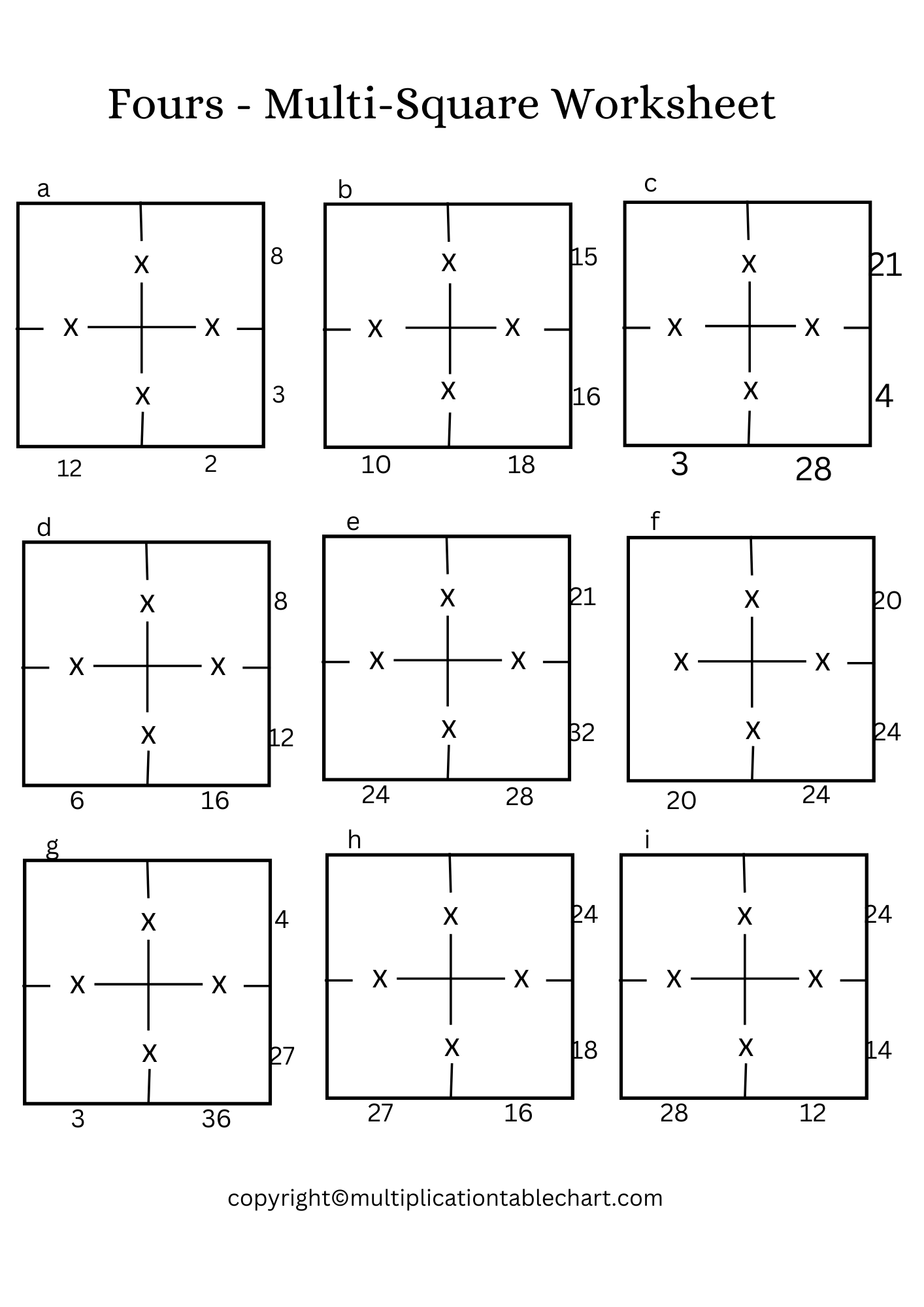 Fours MultiSquare Worksheet Printable in PDF