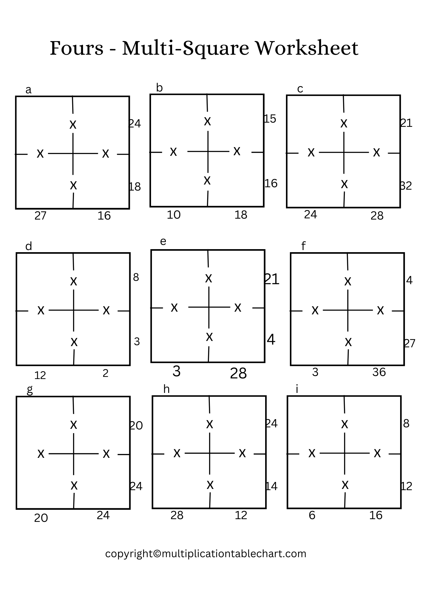 Fours MultiSquare Worksheet Printable in PDF