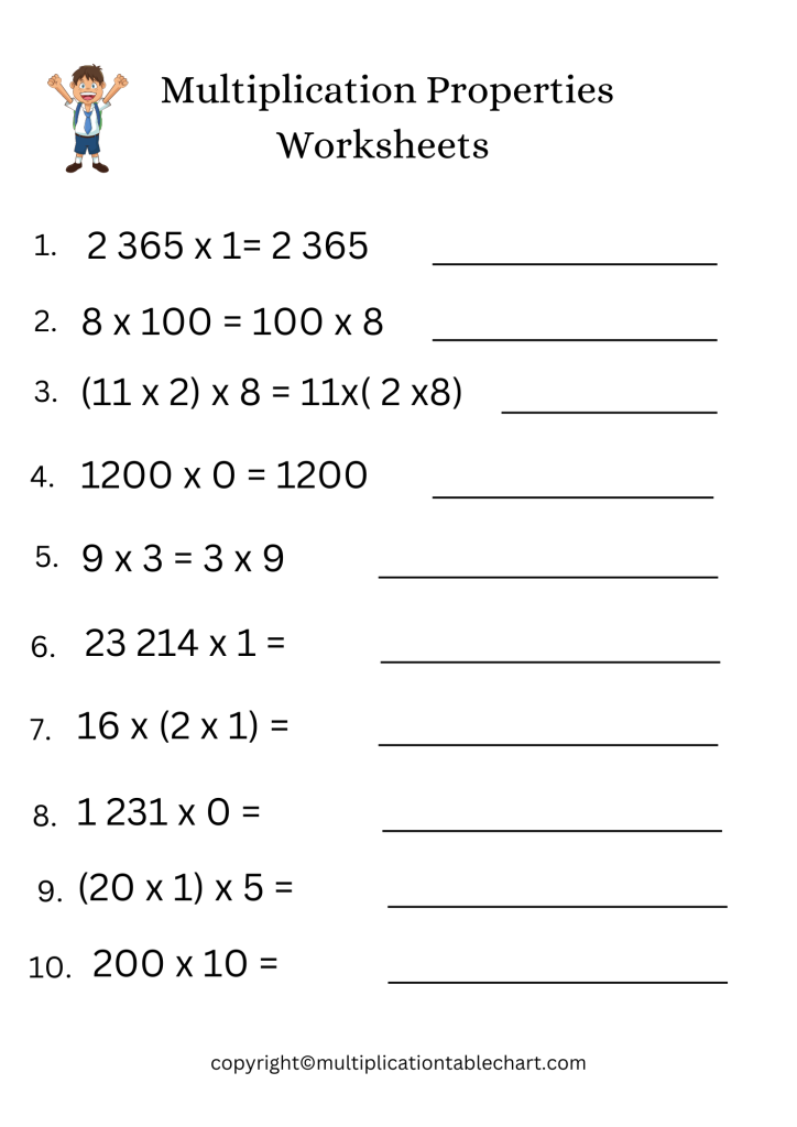 Multiplication Properties Worksheets