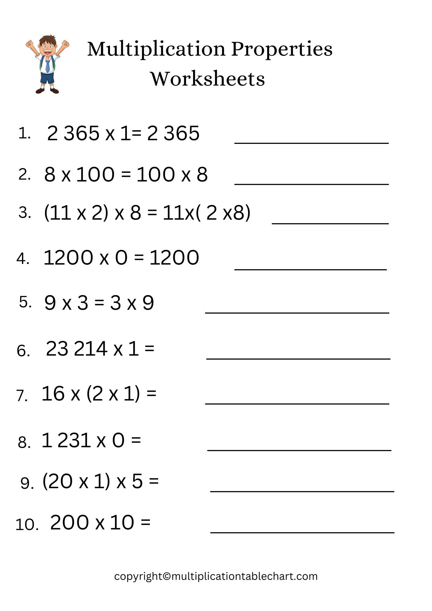 Multiplication Properties Worksheets Printable Grade 3 