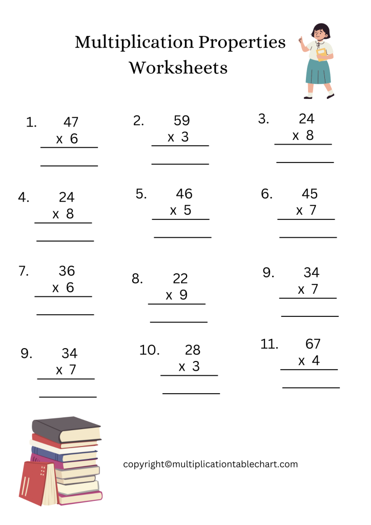 Printable Multiplication Properties Worksheet for Grade 3