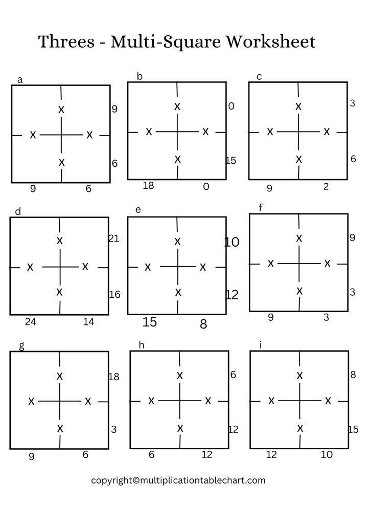 Printable Threes Multi Square Worksheet