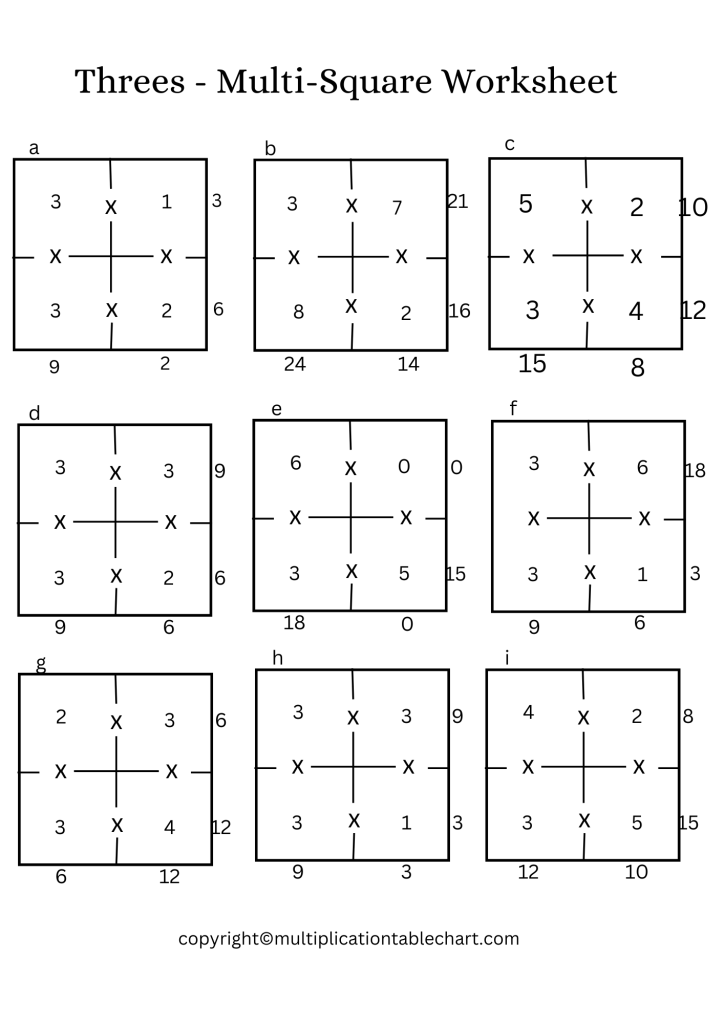 Threes - Multi-Square Worksheet with Answer Key